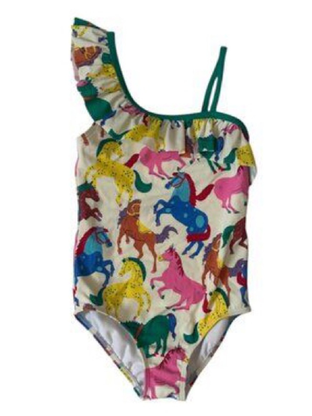 Mini Boden Girls Horse Print One-Shoulder Ruffle Swimsuit - Size 11–12Y